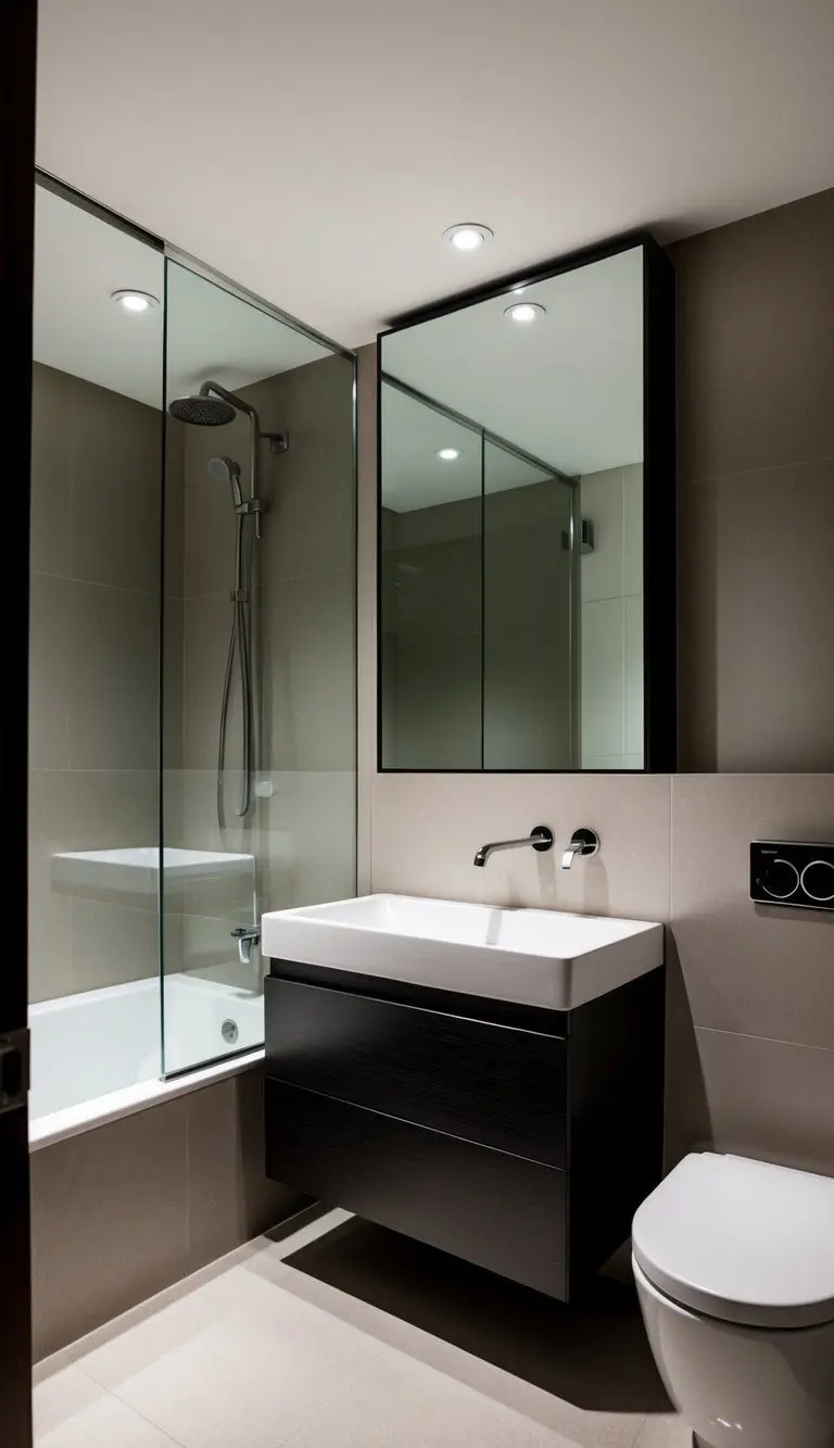 A sleek, modern bathroom with a built-in sink and nightstand combo, creating a space-saving and stylish bedroom-bathroom combination