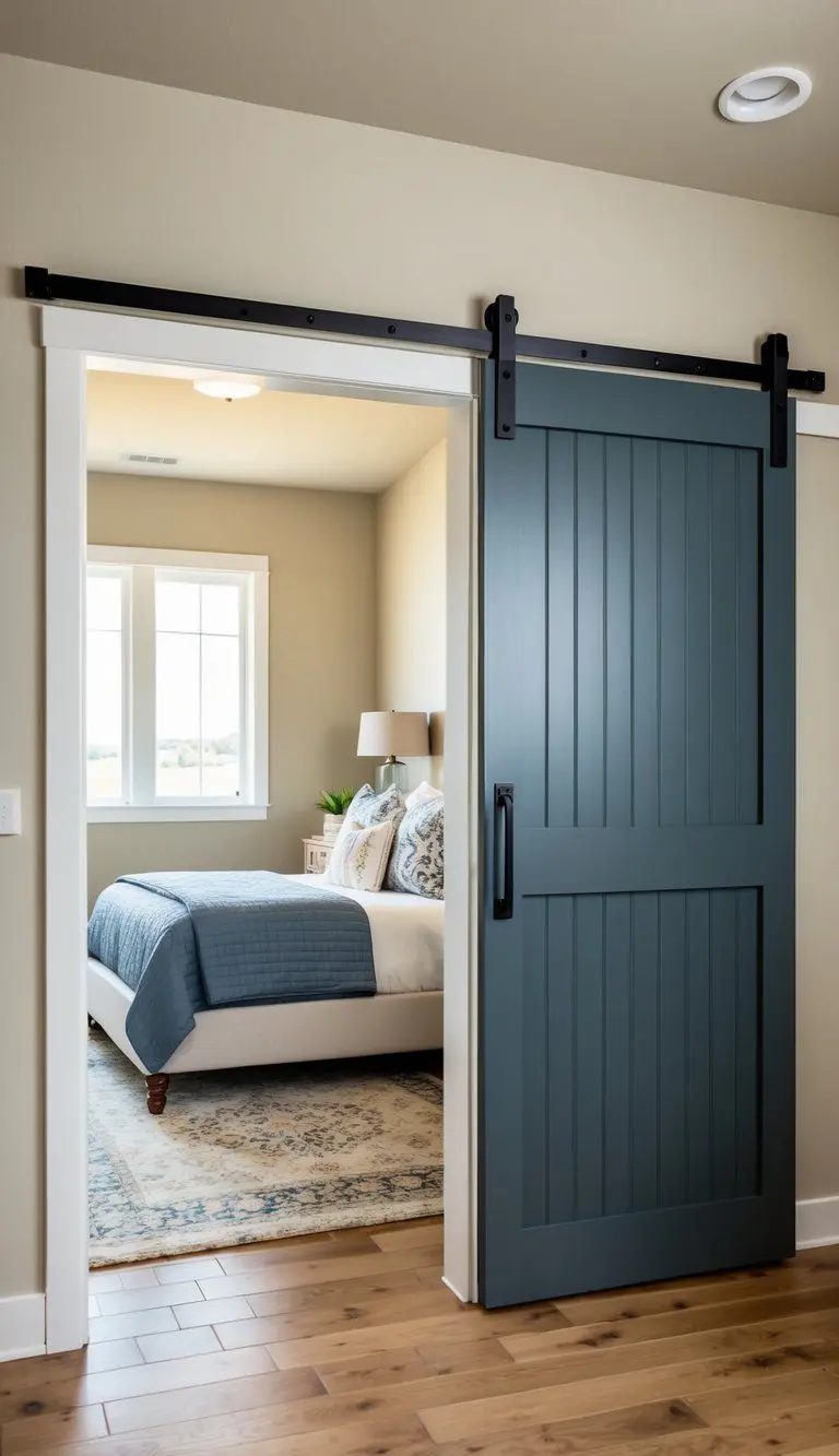 Sliding barn doors separate a bedroom and bathroom, maximizing space and adding rustic charm to the room