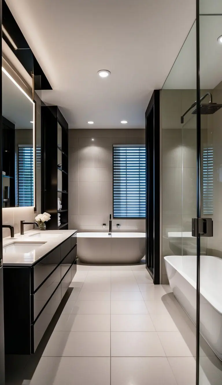 A spacious bedroom and bathroom combo with sleek, uniform tile flooring throughout