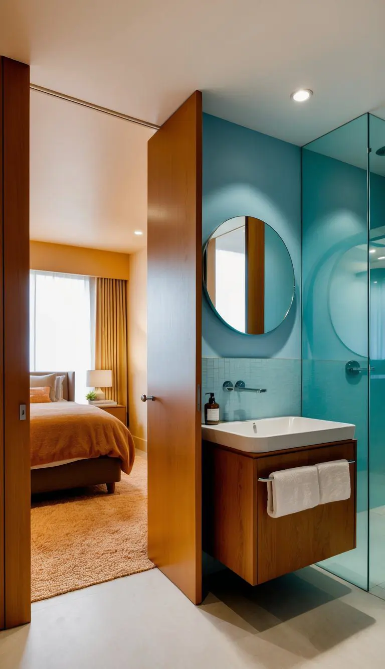 A bedroom-bathroom combo with warm, earthy tones contrasted with cool, serene blues. The bedroom area features cozy, inviting colors while the bathroom area is defined by clean, refreshing hues