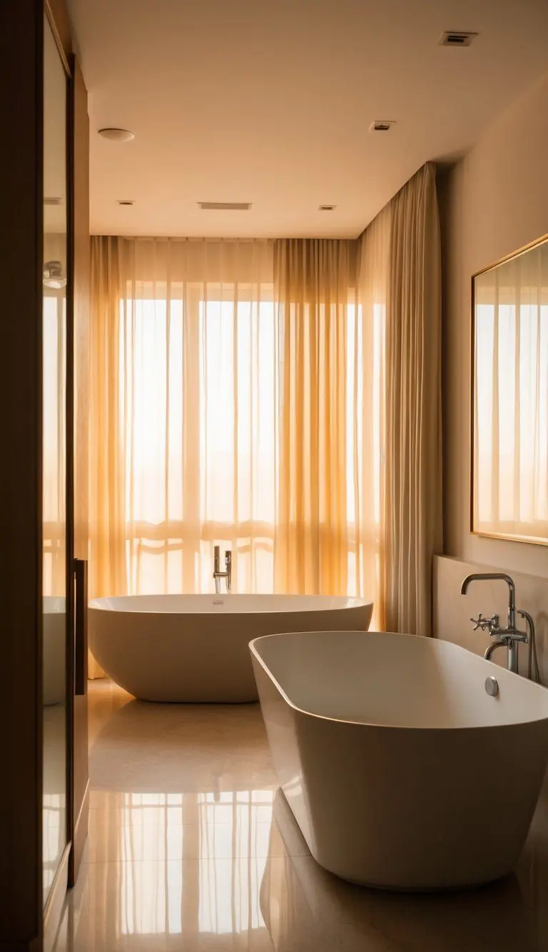 Soft, warm light filters through a bedroom-bathroom combo, casting a relaxing glow over the space. A large, freestanding bathtub sits next to a cozy bed, creating a tranquil atmosphere