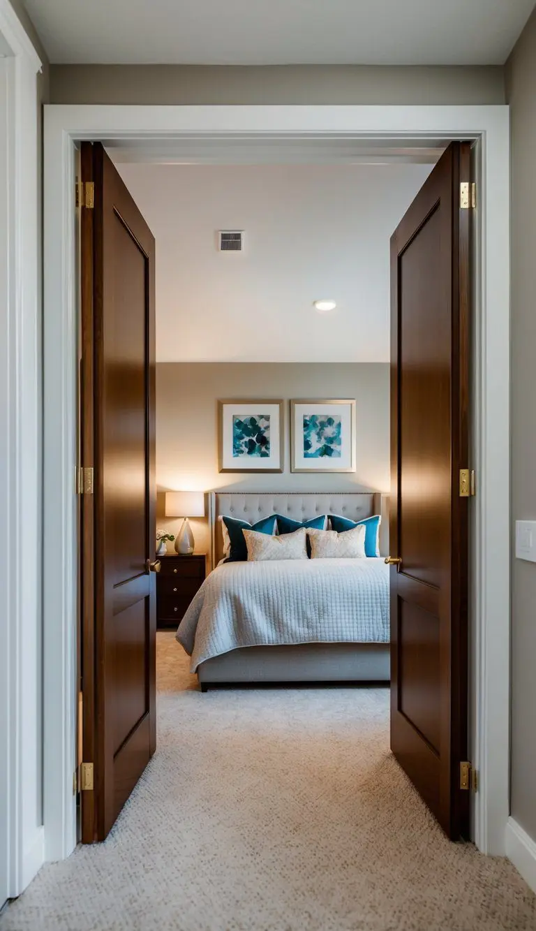 A bedroom and bathroom seamlessly transition with pocket doors