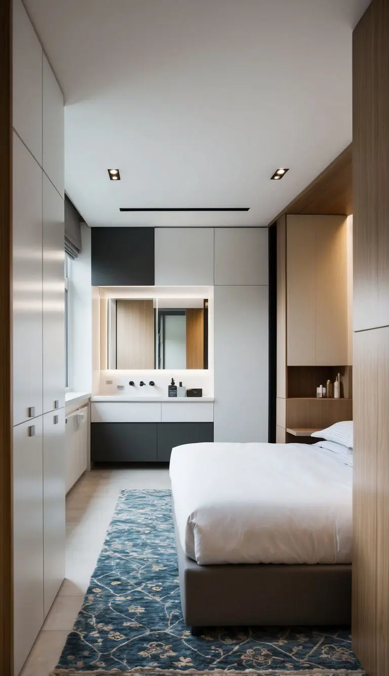 A bedroom and bathroom seamlessly blend with modular storage maximizing space