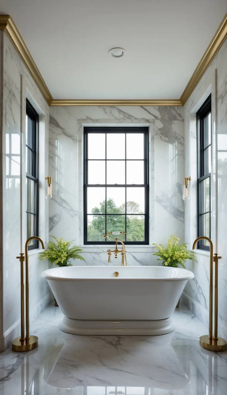 A spacious bathroom with a freestanding tub surrounded by elegant marble and gold accents. Large windows allow natural light to fill the room, creating a luxurious and serene atmosphere