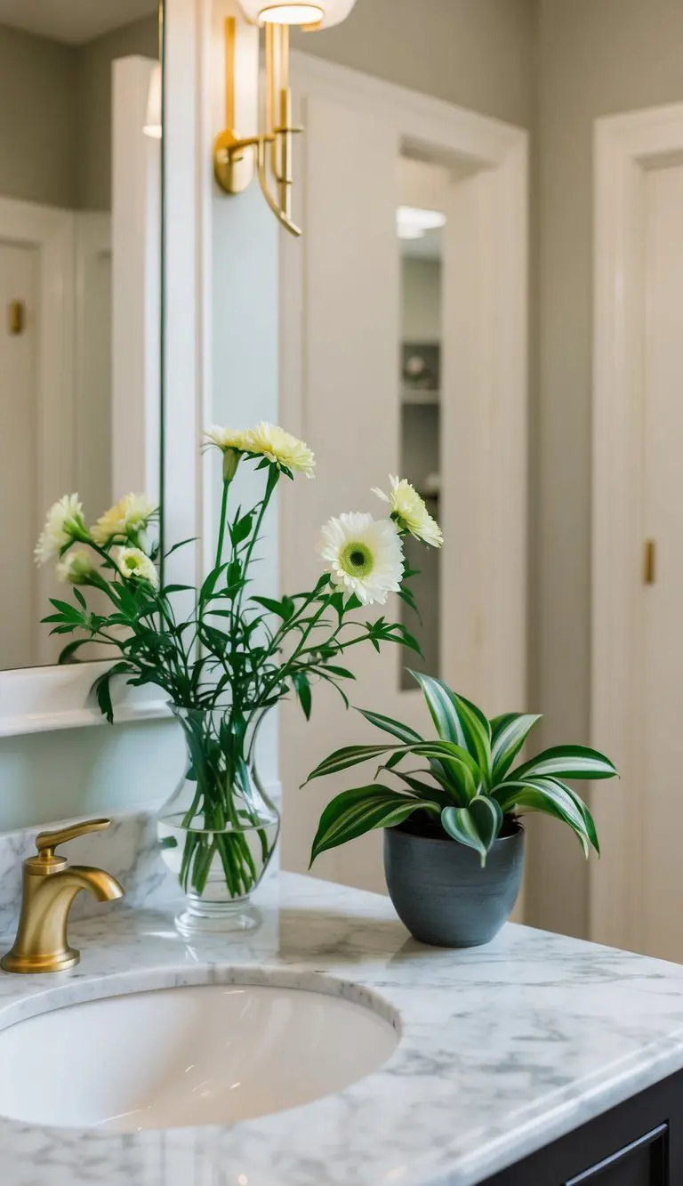 A small vase of fresh flowers sits on the marble countertop next to a potted plant, adding a touch of greenery to the elegant guest bathroom