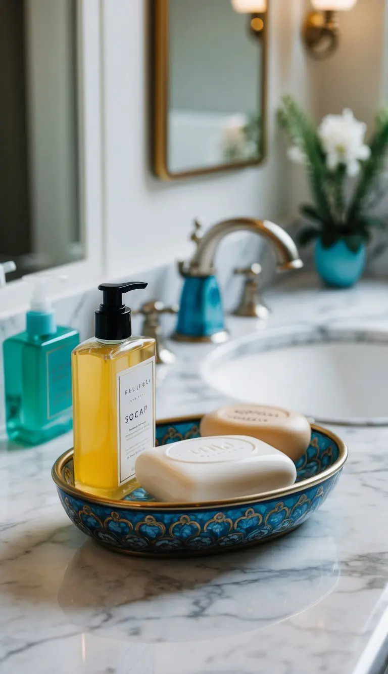 A decorative soap dish holds scented soap and hand lotion on a marble countertop in a well-lit guest bathroom