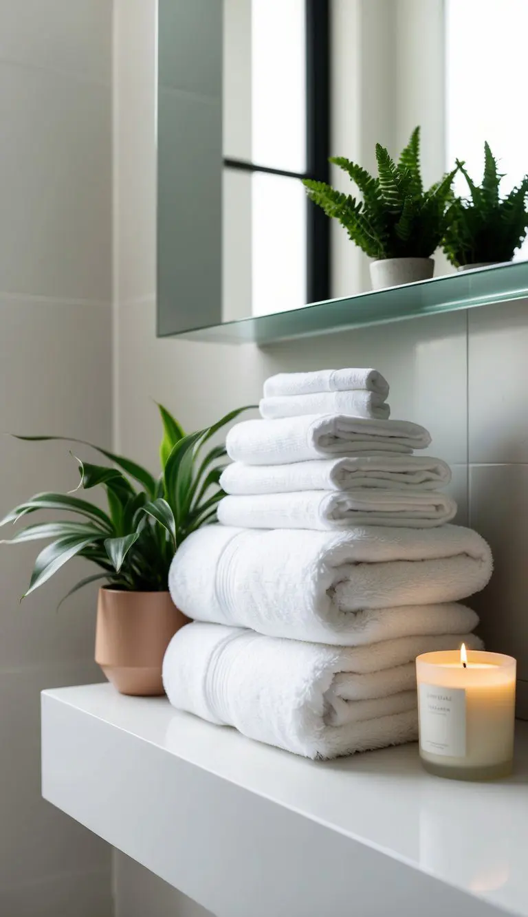 A stack of fluffy white towels neatly arranged on a sleek bathroom shelf, with a potted plant and a scented candle nearby