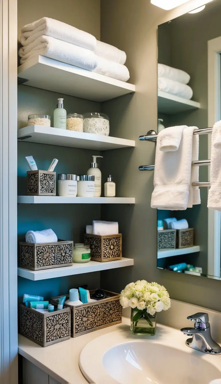 A guest bathroom with shelves filled with extra toiletries, neatly organized and displayed in decorative containers. A towel rack holds fluffy towels, and a small vase of fresh flowers adds a touch of elegance