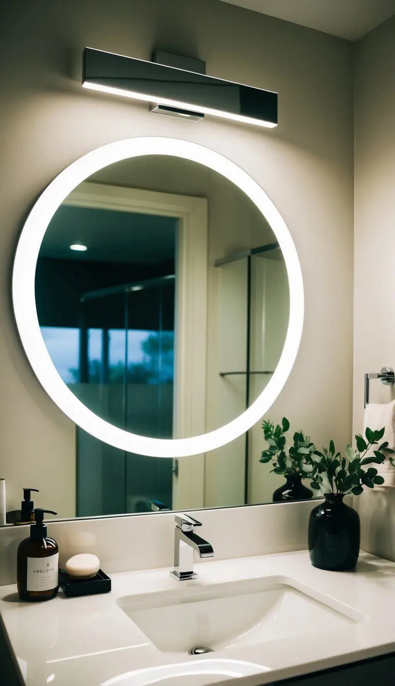 A sleek, modern mirror hangs above a chic bathroom vanity, reflecting the stylish decor and creating a sense of luxury and sophistication