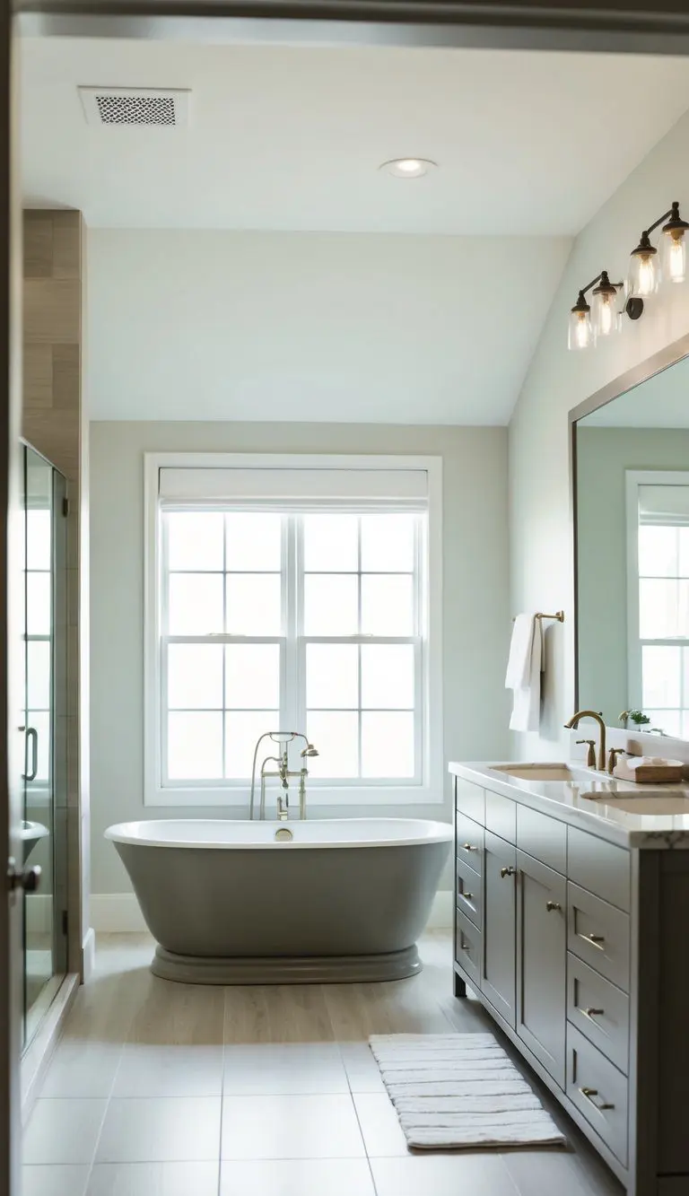 A serene guest bathroom with neutral color scheme, featuring a freestanding bathtub, a large vanity with double sinks, and a walk-in shower with glass doors
