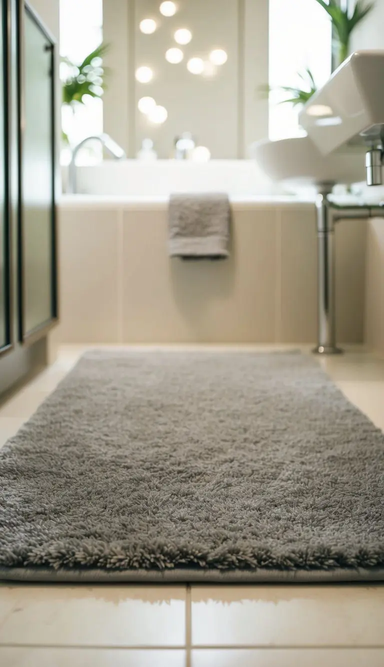 A plush bath rug lies on the tiled floor of a modern guest bathroom, surrounded by sleek fixtures and soft, neutral tones