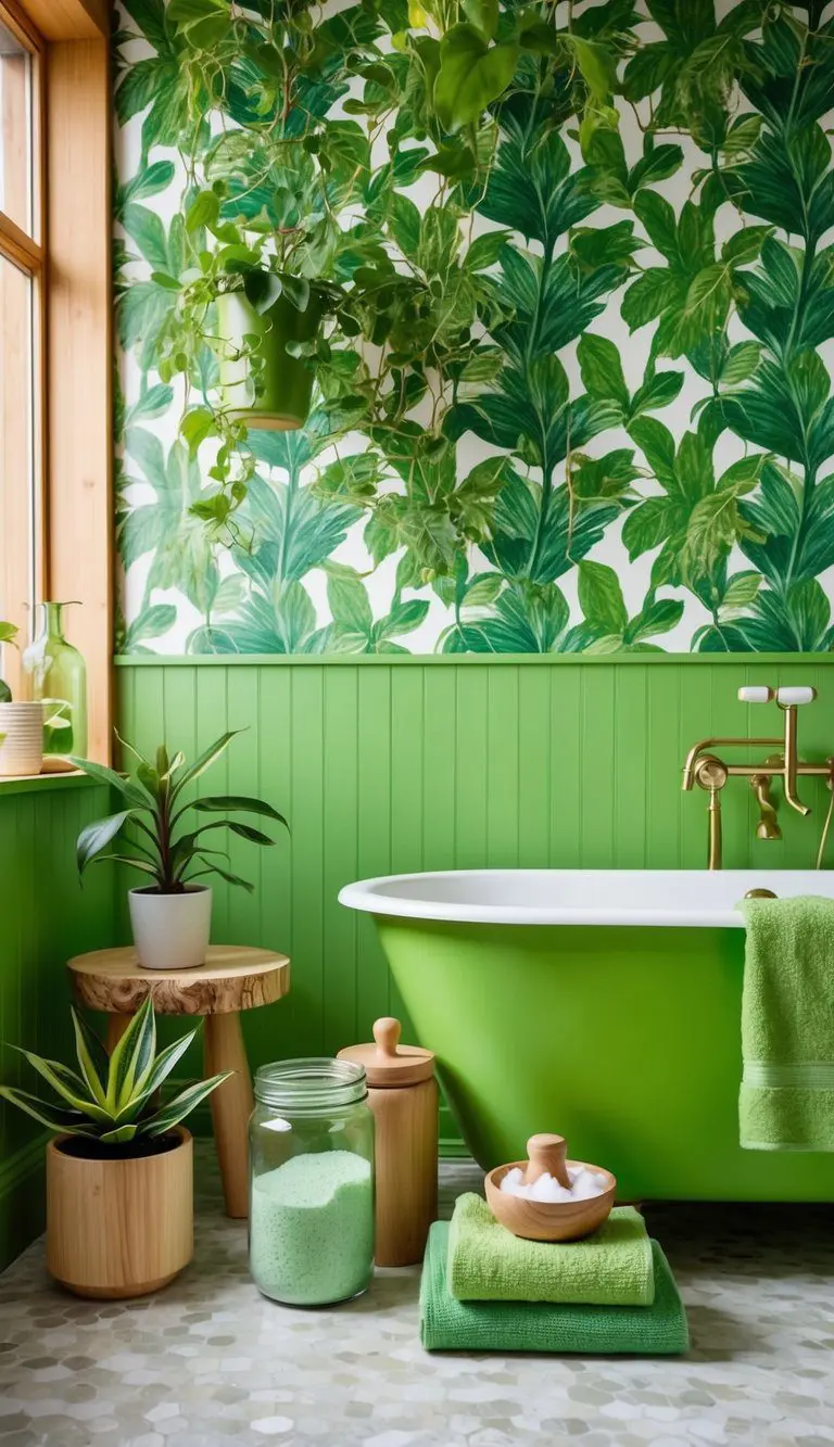 A bright green bathroom with leafy wallpaper, potted plants, and natural wood accents. Glass jars filled with bath salts and green towels complete the look
