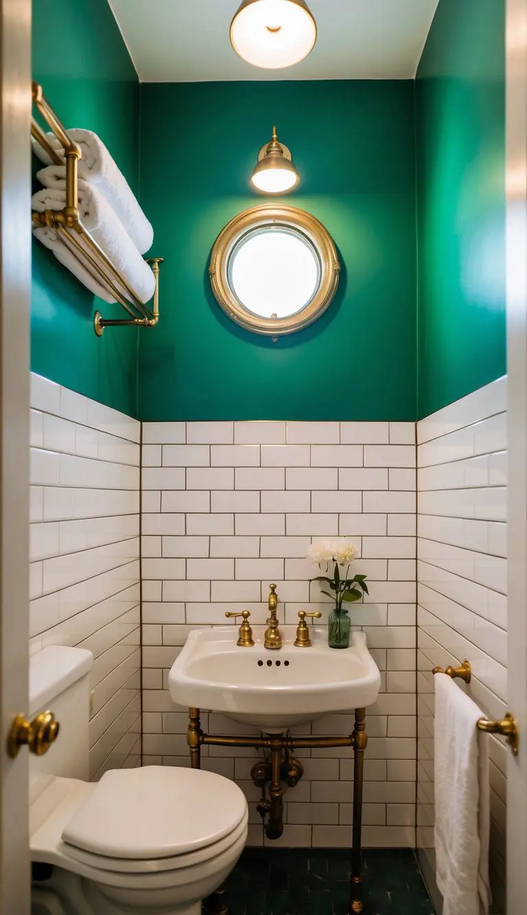 A vintage green bathroom with brass fixtures, including a sink, faucet, and towel rack. Classic subway tiles line the walls