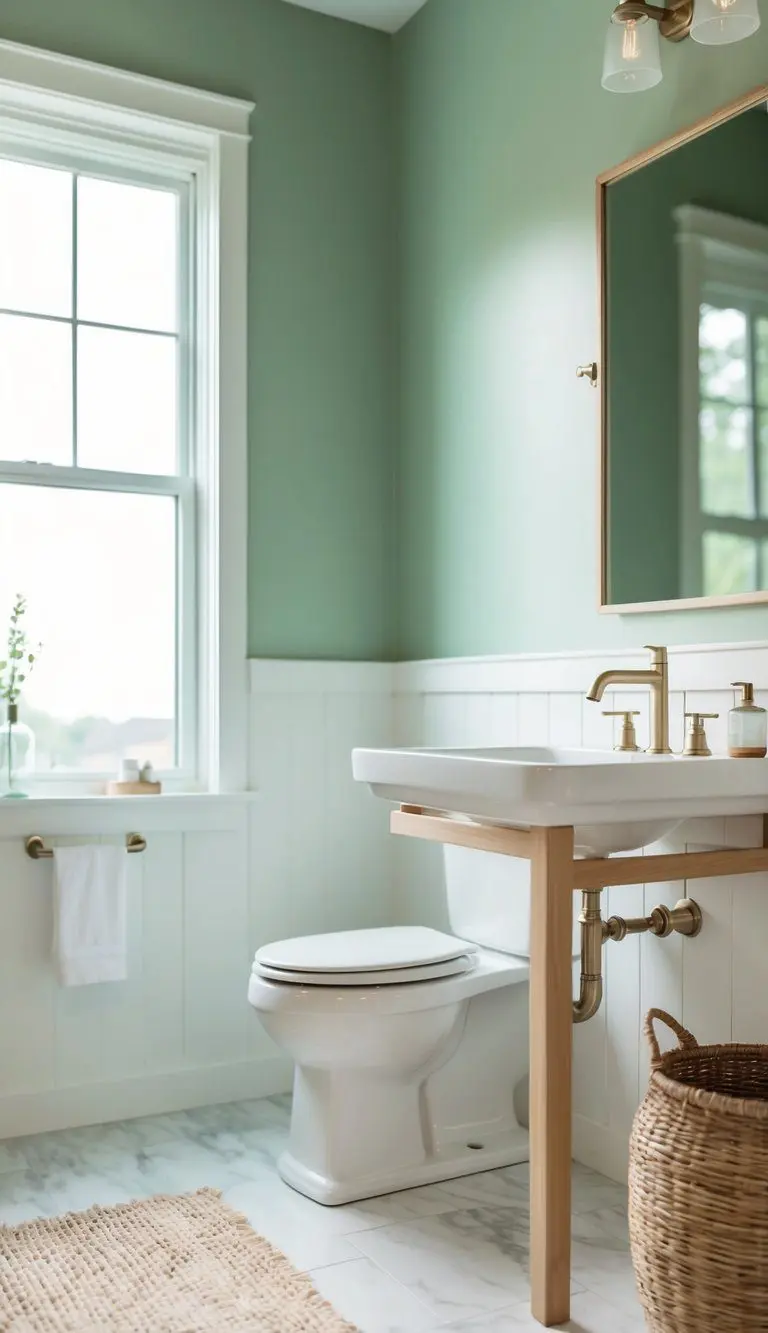 A serene bathroom with sage green walls, white fixtures, and natural wood accents. A large window lets in soft natural light, creating a calming atmosphere