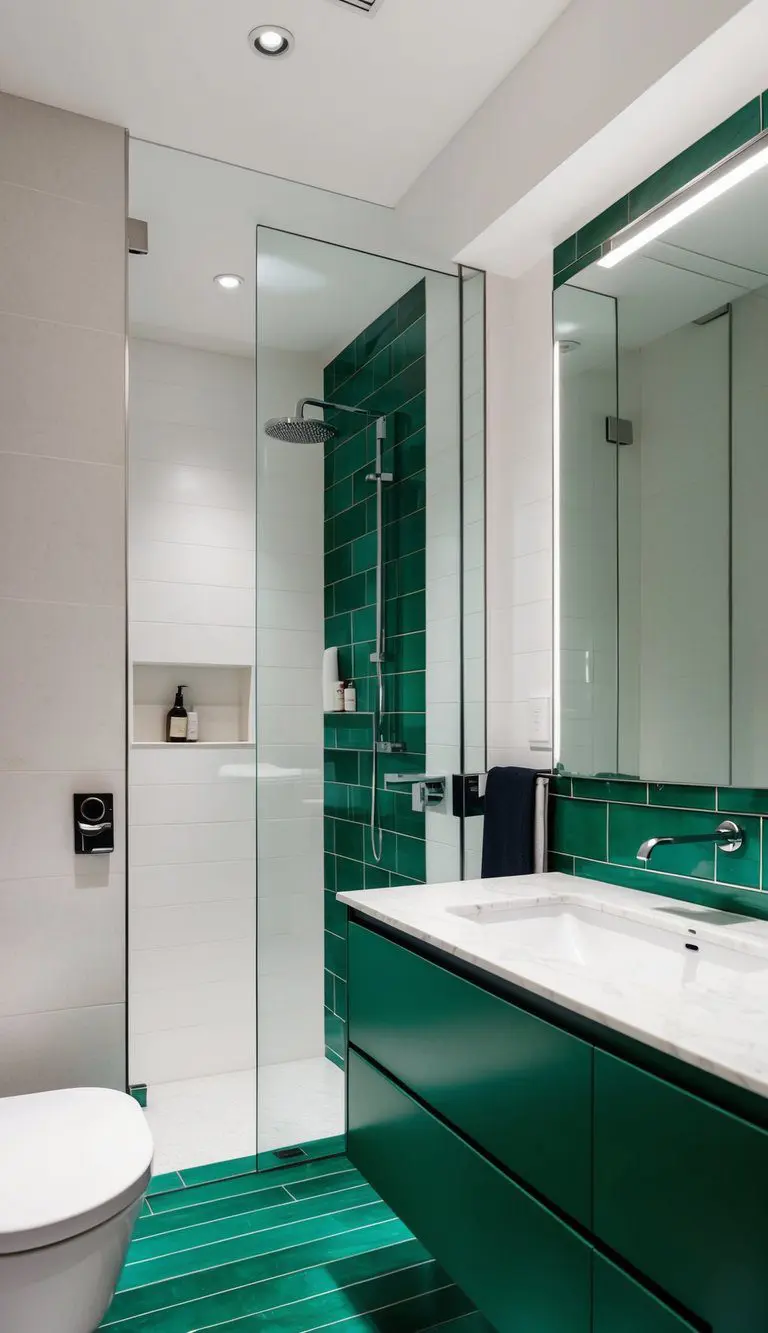 Emerald green tiles contrast with white walls in a modern bathroom with sleek fixtures and natural light