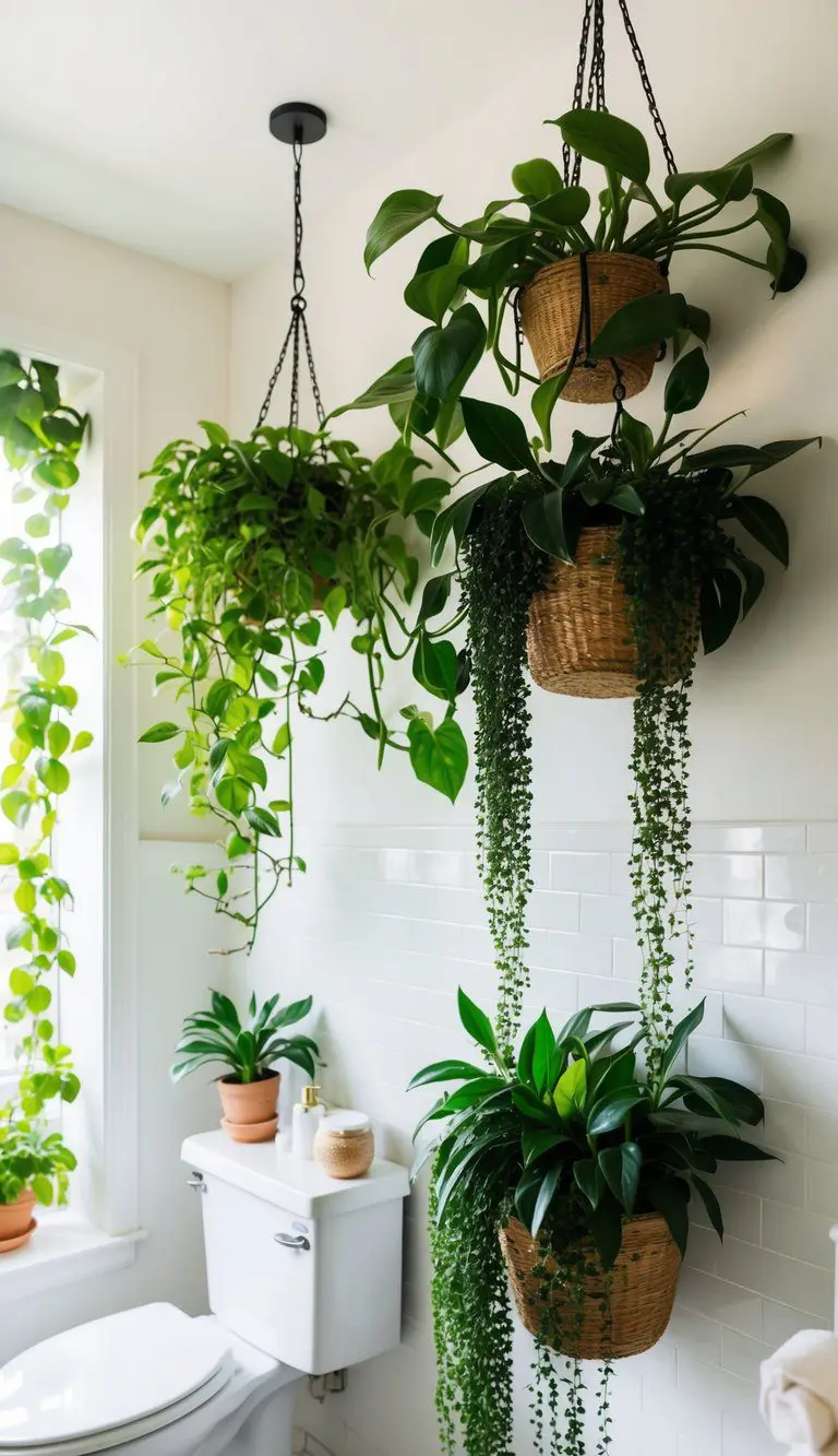 Lush green plants cascading from hanging baskets and potted on shelves, adding a natural accent to a bright, airy bathroom