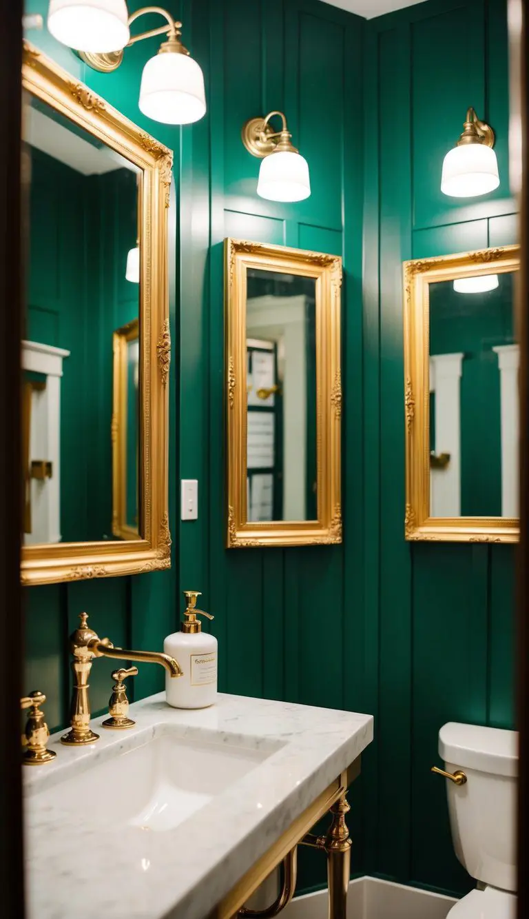 Deep green walls with gold-framed mirrors, faucets, and light fixtures