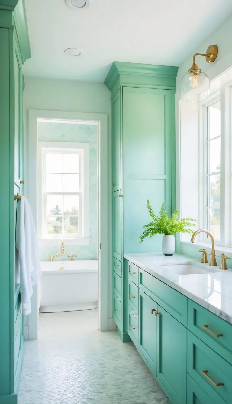Seafoam green cabinetry in a bright, airy bathroom with natural light and a white marble countertop
