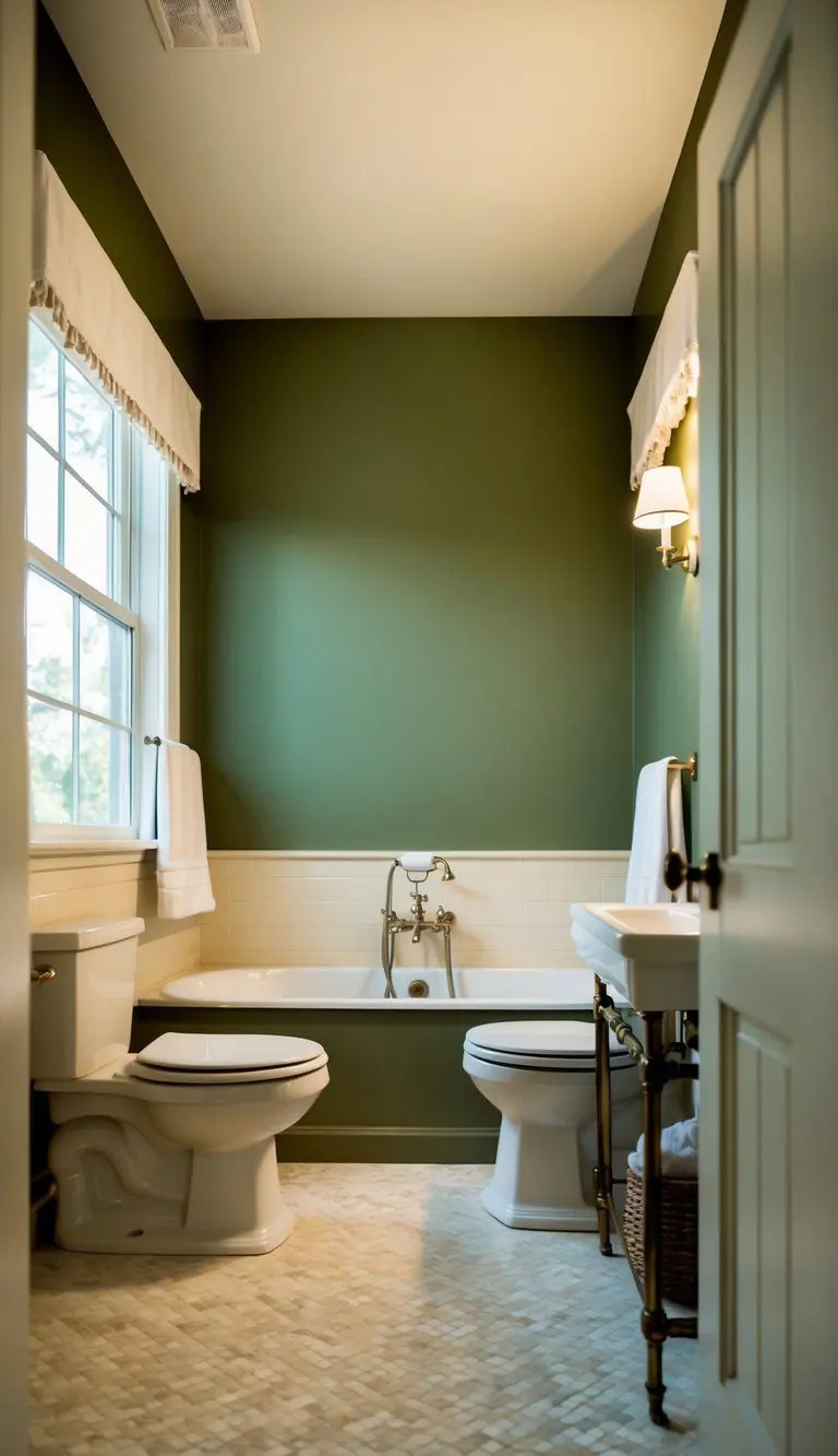 A serene bathroom with olive green walls, cream-colored accents, and soft lighting, creating a cozy and inviting atmosphere