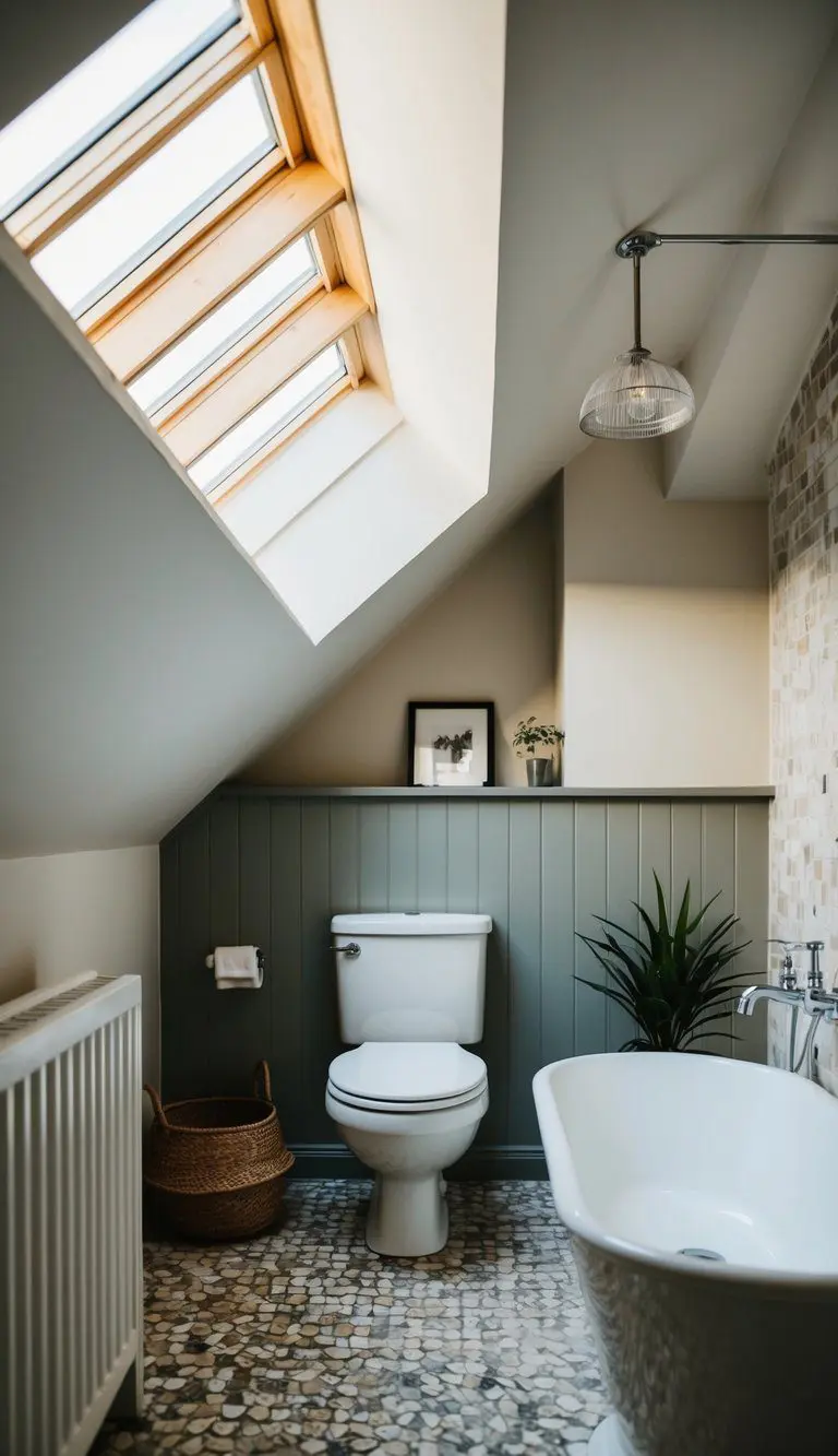 A cozy attic bathroom with skylights flooding the space with natural light, highlighting the small but charming features of the room