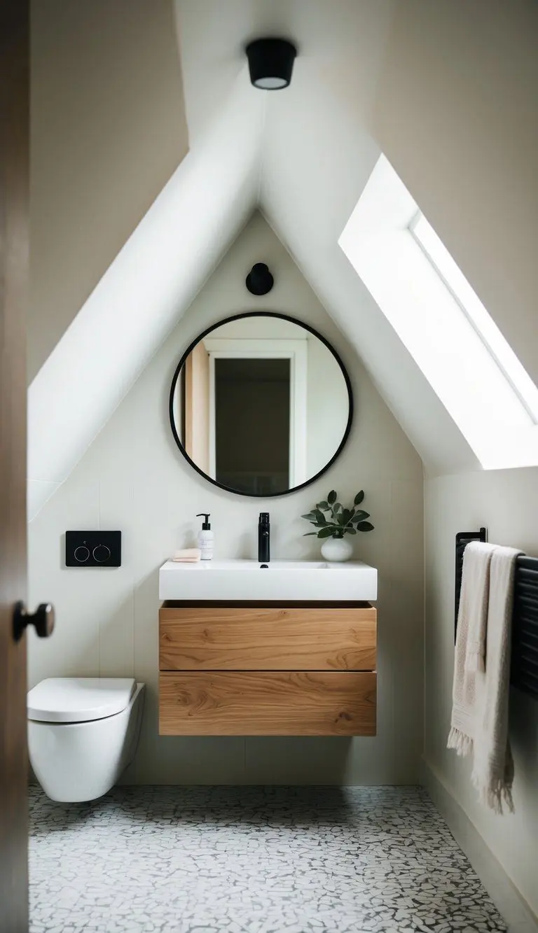 A small attic bathroom with a floating vanity, minimal decor, and clever use of space