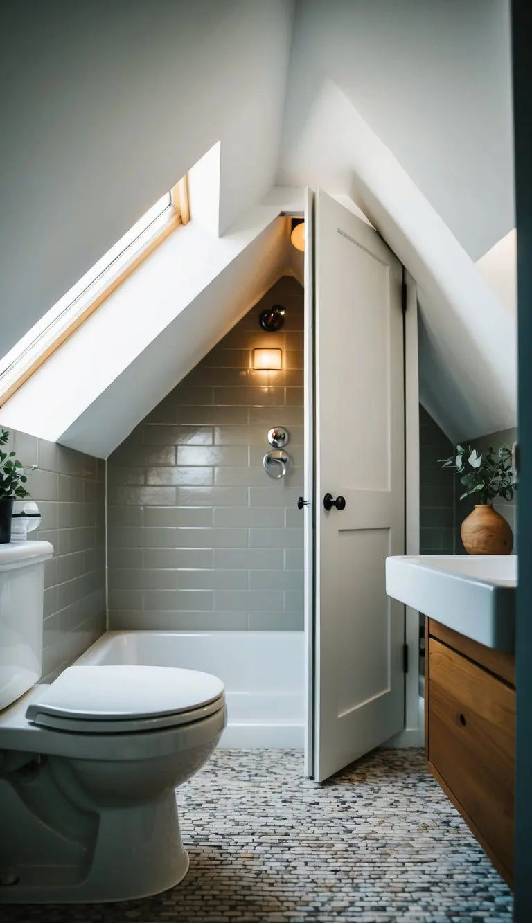 A small attic bathroom with a pocket door installed for better accessibility