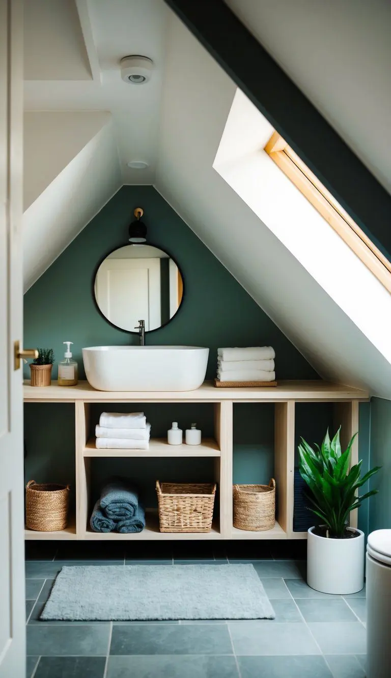 A small attic bathroom with built-in shelving for storage, featuring a sloped ceiling and a compact layout