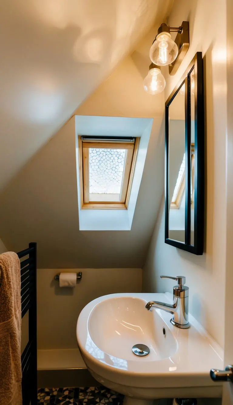 A small attic bathroom with compact fixtures maximizing space