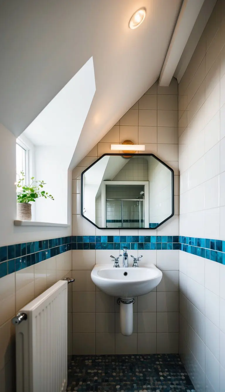A small attic bathroom with mirrored walls creating the illusion of space