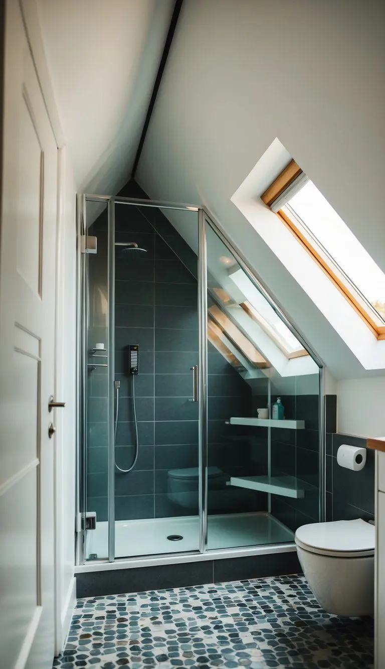 A small attic bathroom with a walk-in shower featuring glass doors and a modern design