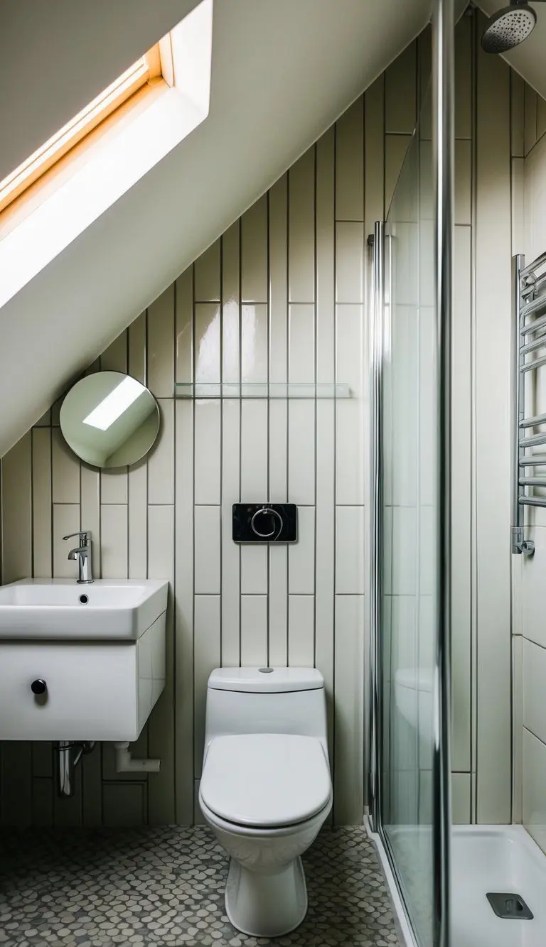 A small attic bathroom with vertical tiling to enhance height, featuring a compact sink, toilet, and shower stall with a slanted ceiling