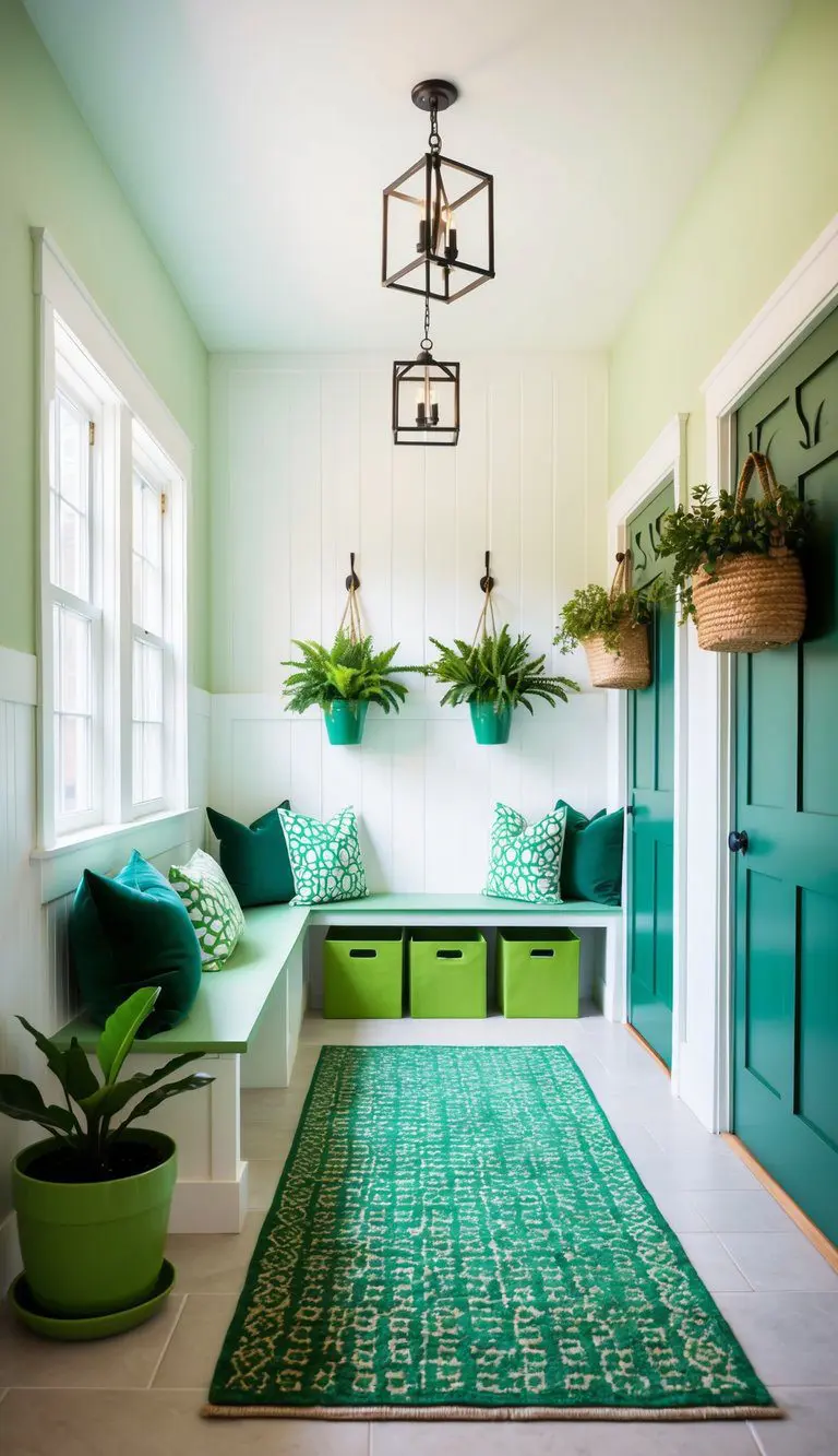 A bright, airy mudroom with green accents: a bench with green cushions, potted plants, green storage baskets, and a patterned green rug