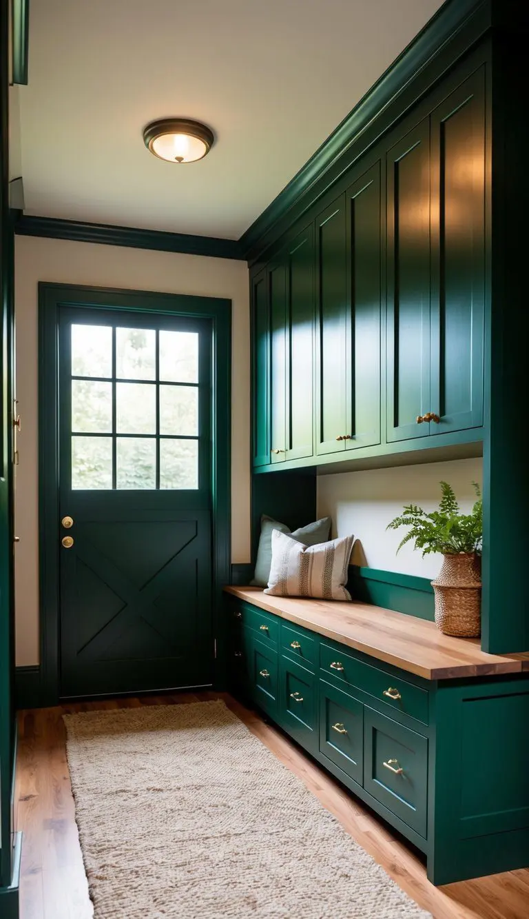 A dimly lit mudroom with deep green cabinets, accented by soft lighting and natural elements
