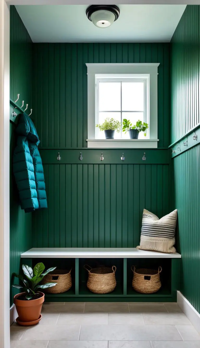 A cozy mudroom with forest green beadboard walls, a built-in bench with storage, hanging hooks for jackets, and potted plants