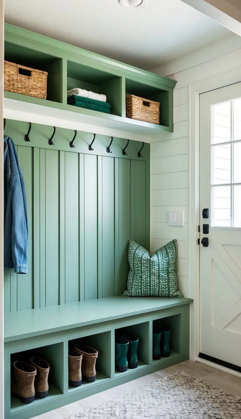 A sage green built-in bench sits against a white wall in a tidy mudroom, surrounded by green accents and storage solutions