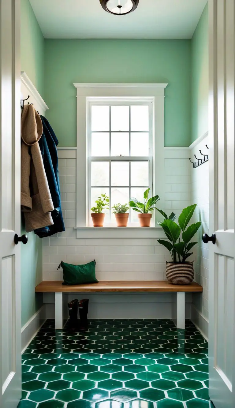 Emerald green tile flooring in a mudroom with a bench, coat hooks, and potted plants