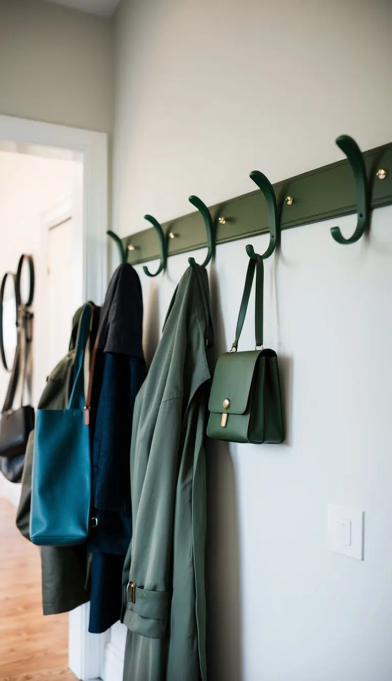 A row of olive green entryway hooks on a white wall, with various coats and bags hanging from them