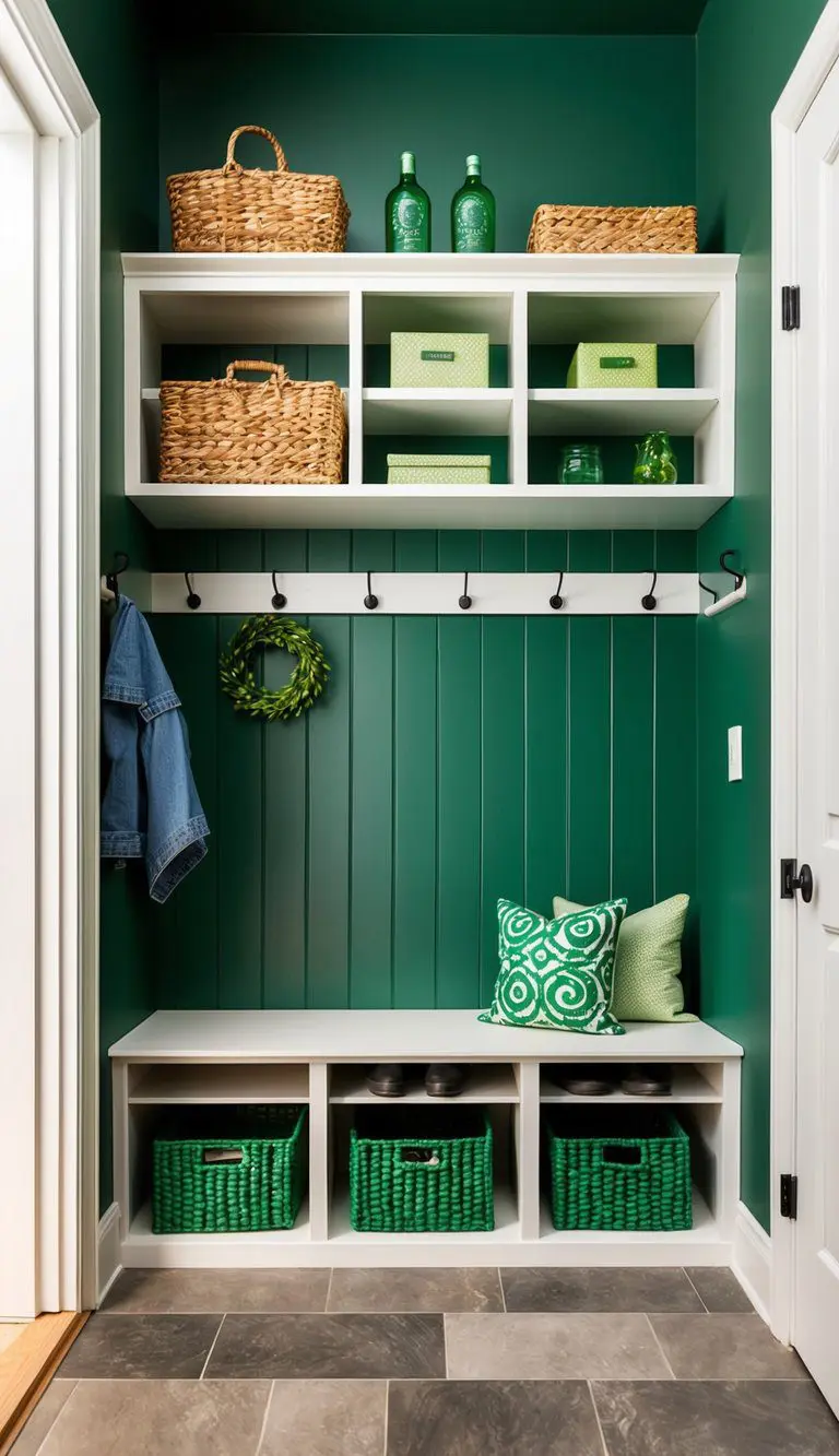 A mudroom with a bottle green accent wall, featuring various green decor and storage solutions