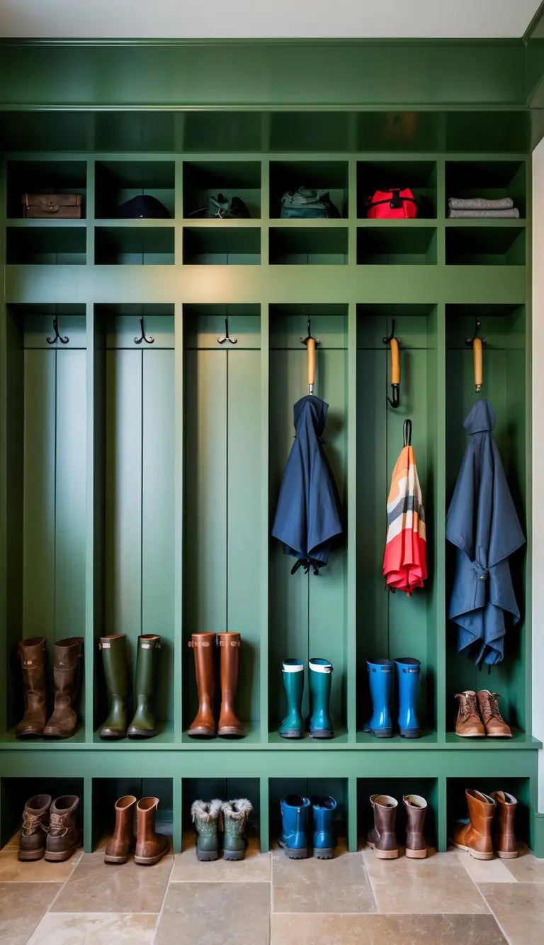 A mudroom with moss green cubbies, filled with boots, umbrellas, and outdoor gear