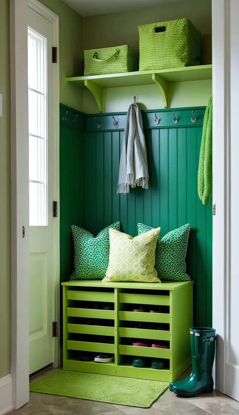 A lime green shoe rack stands in a tidy mudroom, surrounded by green accents and decor