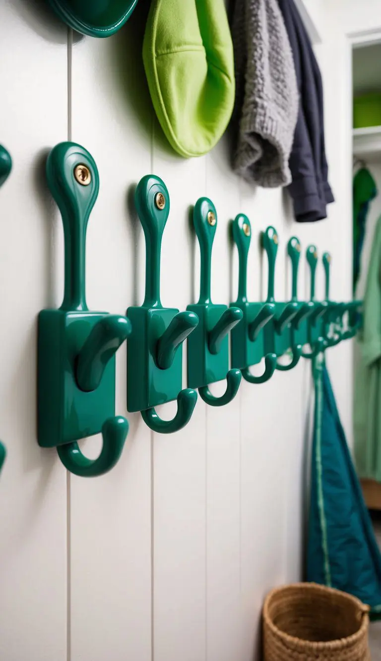 A row of pistachio green coat hooks on a white wall in a mudroom with various green accents