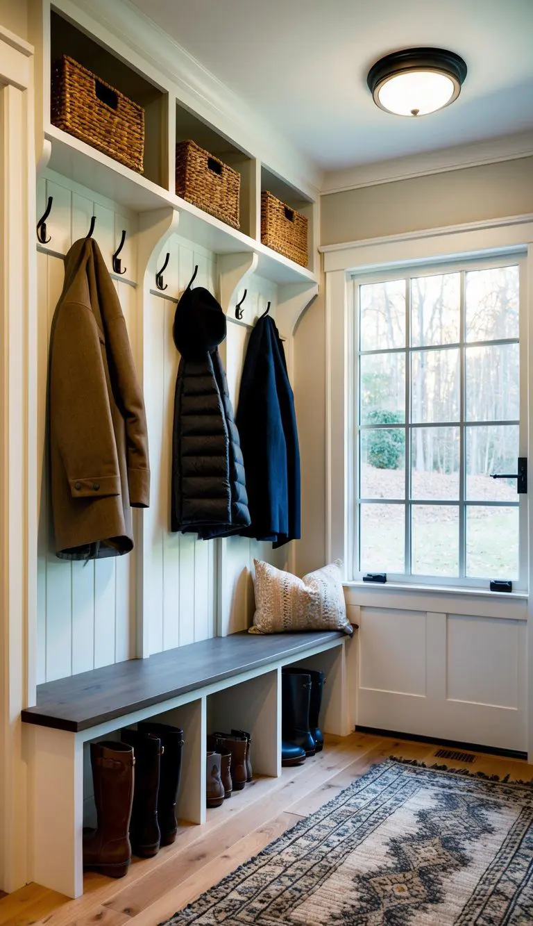 A mudroom with built-in storage, bench seating, hooks for coats, and a designated space for shoes and boots. A large window brings in natural light, and a rug adds a cozy touch