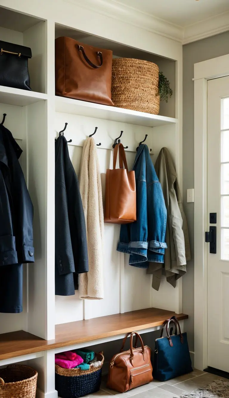 Wall-mounted hooks hold coats and bags in a mudroom with organized storage and decor