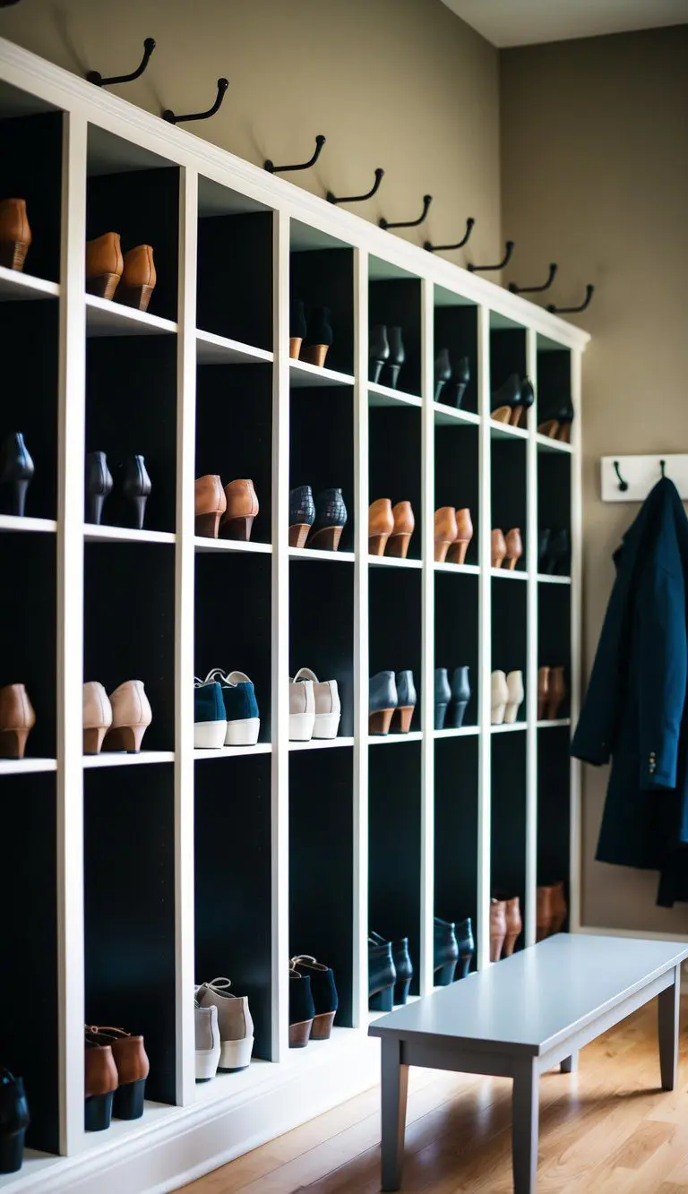 Open shoe cubbies line the wall, each holding a pair of shoes. A bench sits in the center, with hooks above for hanging coats