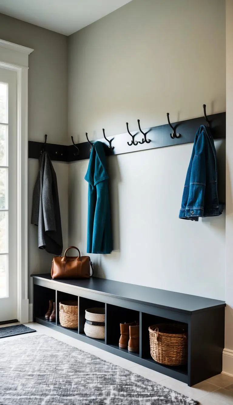 A sleek, modern bench with hidden storage sits against a wall in a tidy mudroom. Coat hooks and shelves line the walls, with baskets and shoes neatly organized underneath the bench