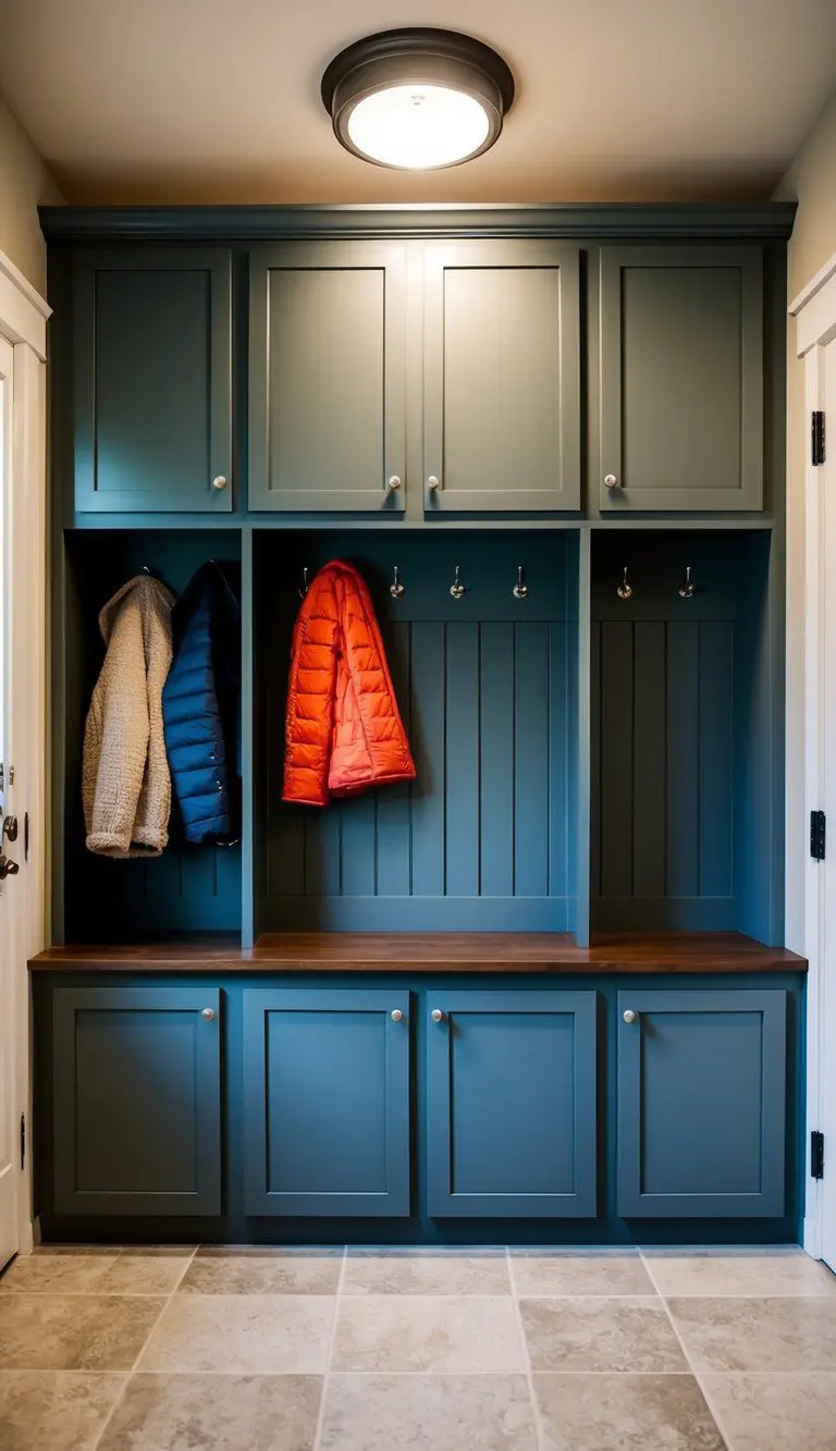 A mudroom with closed storage cabinets neatly organized for a tidy look