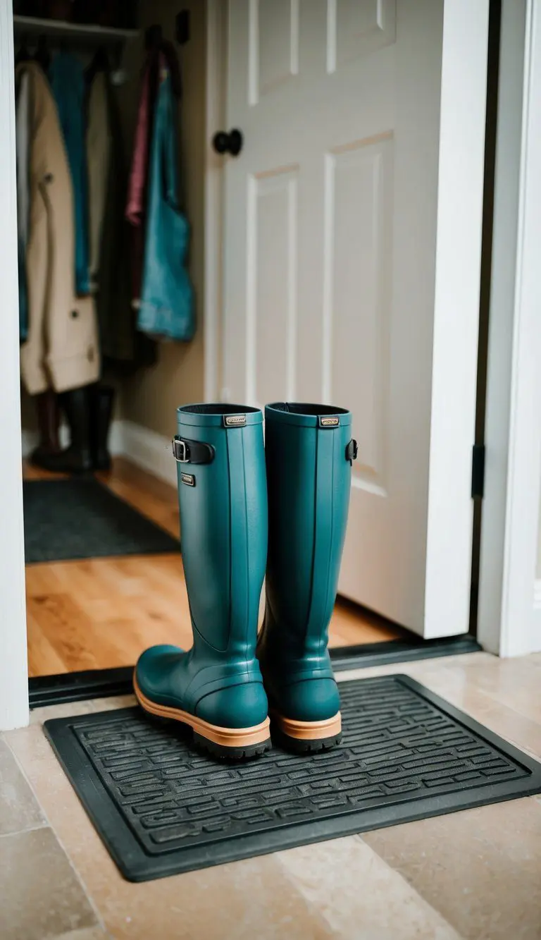A boot mat lies at the entrance of a mudroom, catching dirt and protecting the floor