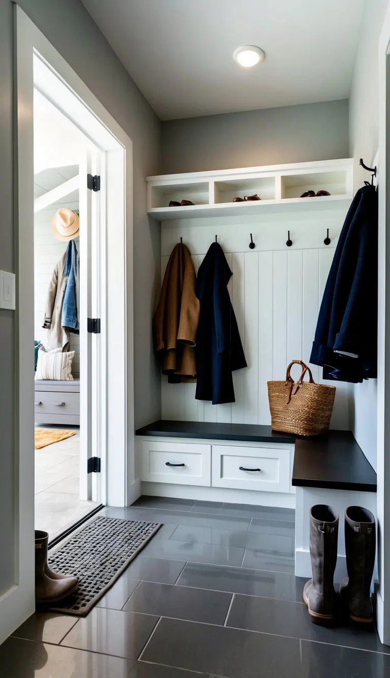 A mudroom with sleek, gray tile flooring, a built-in bench with storage, hooks for coats, and a designated area for muddy shoes