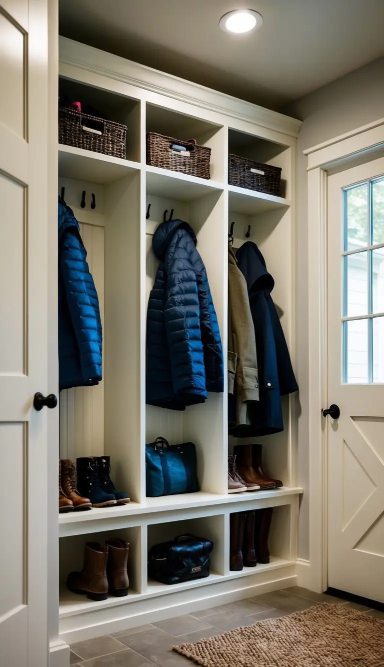 A mudroom with built-in shelves holding various items such as shoes, coats, and bags, neatly organized for easy access and storage