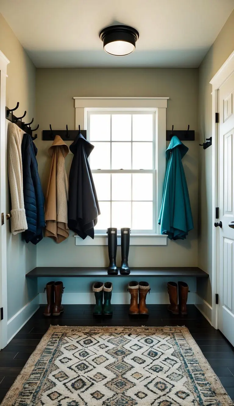 A cozy mudroom with a patterned rug, boots, umbrellas, and a coat rack